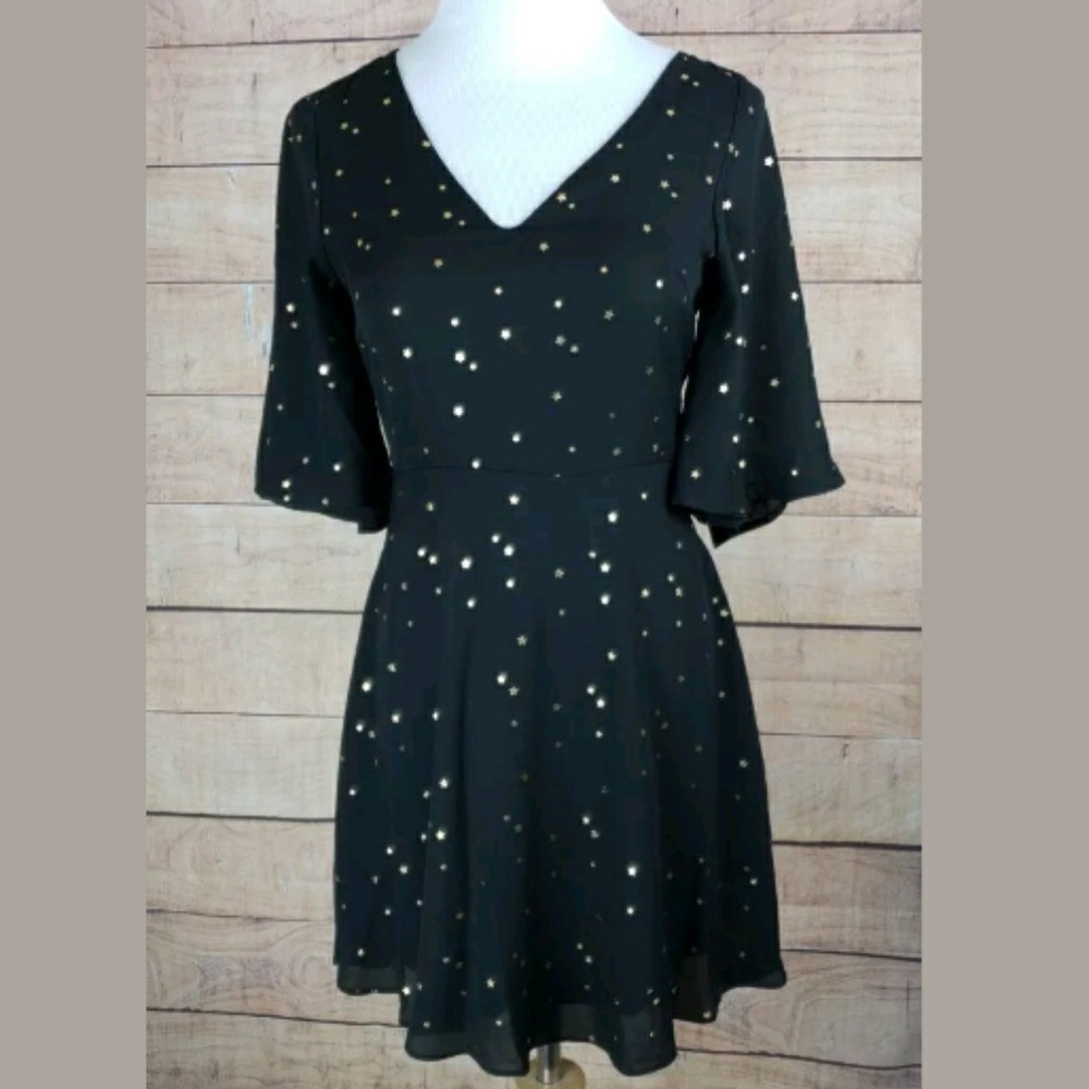 GIANNI BINI Sz XS star print black v-neck dress - Picture 1 of 8